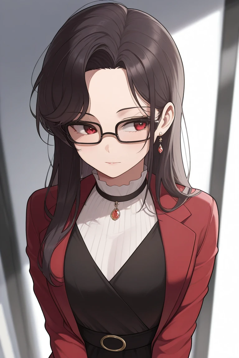 ((best quality)), ((masterpiece)), girl, dark parted hair, cute red eyes, elegant look, dark glasses, casual cool outfit, dark hair