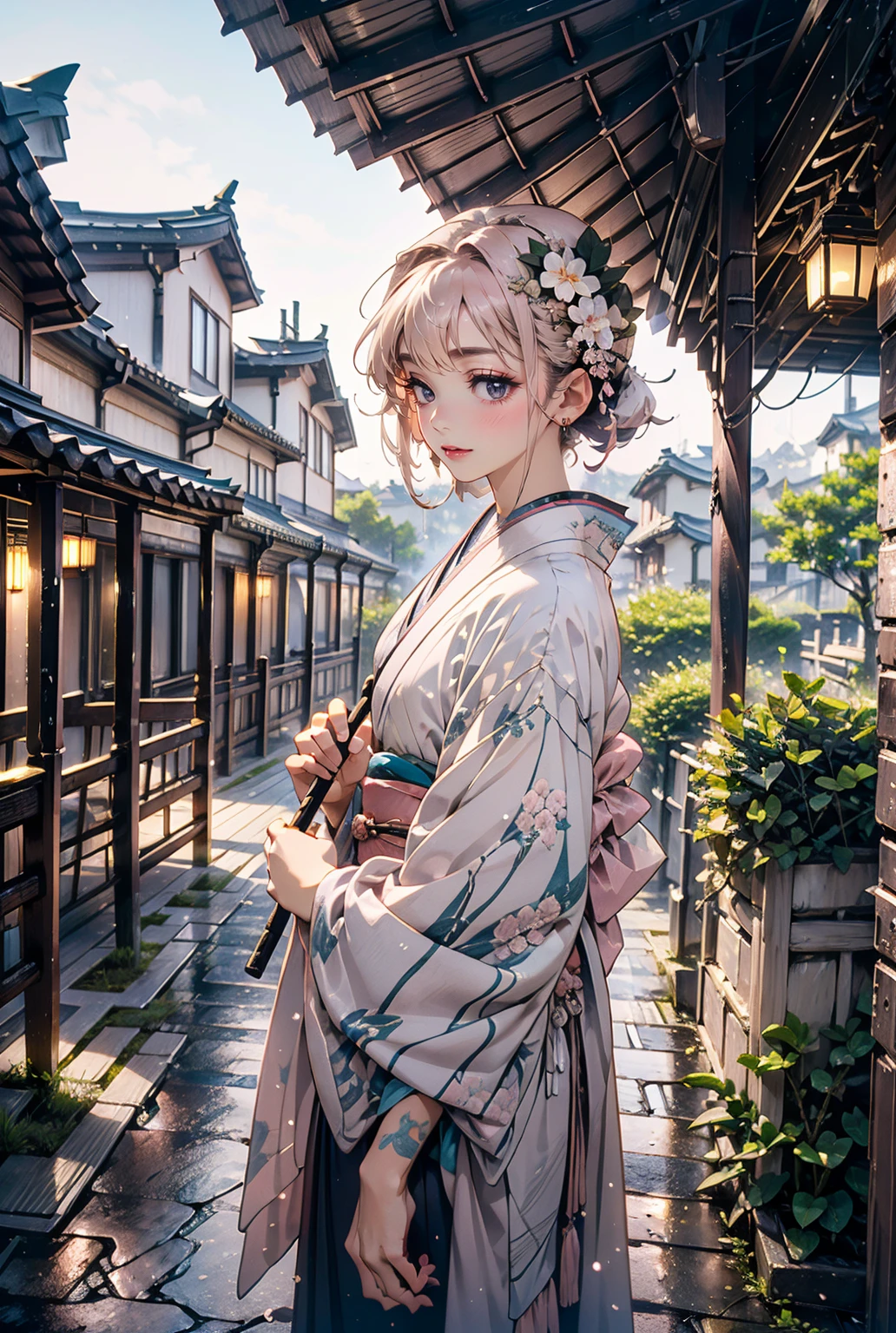 1girl,solo,cute,(((((pink short hair,blue eyes))))),
kimono,japanese umbrella,wagasa,
at garden,japanese style, ((cobblestone)),((garden)),winter,brilliant view,sunshine,