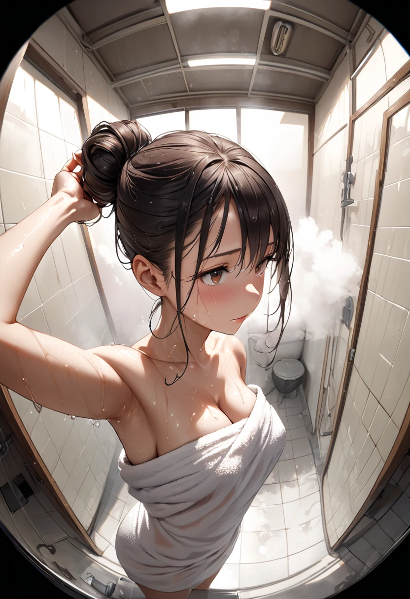 masterpiece, 4k, 8k, small breast, kawaii, 10yo,tits, Brat, Black Hair, Twin tails, Emphasize the chest、Nipple Contour, Cleavage, garden, Chamber of Secrets, shower room