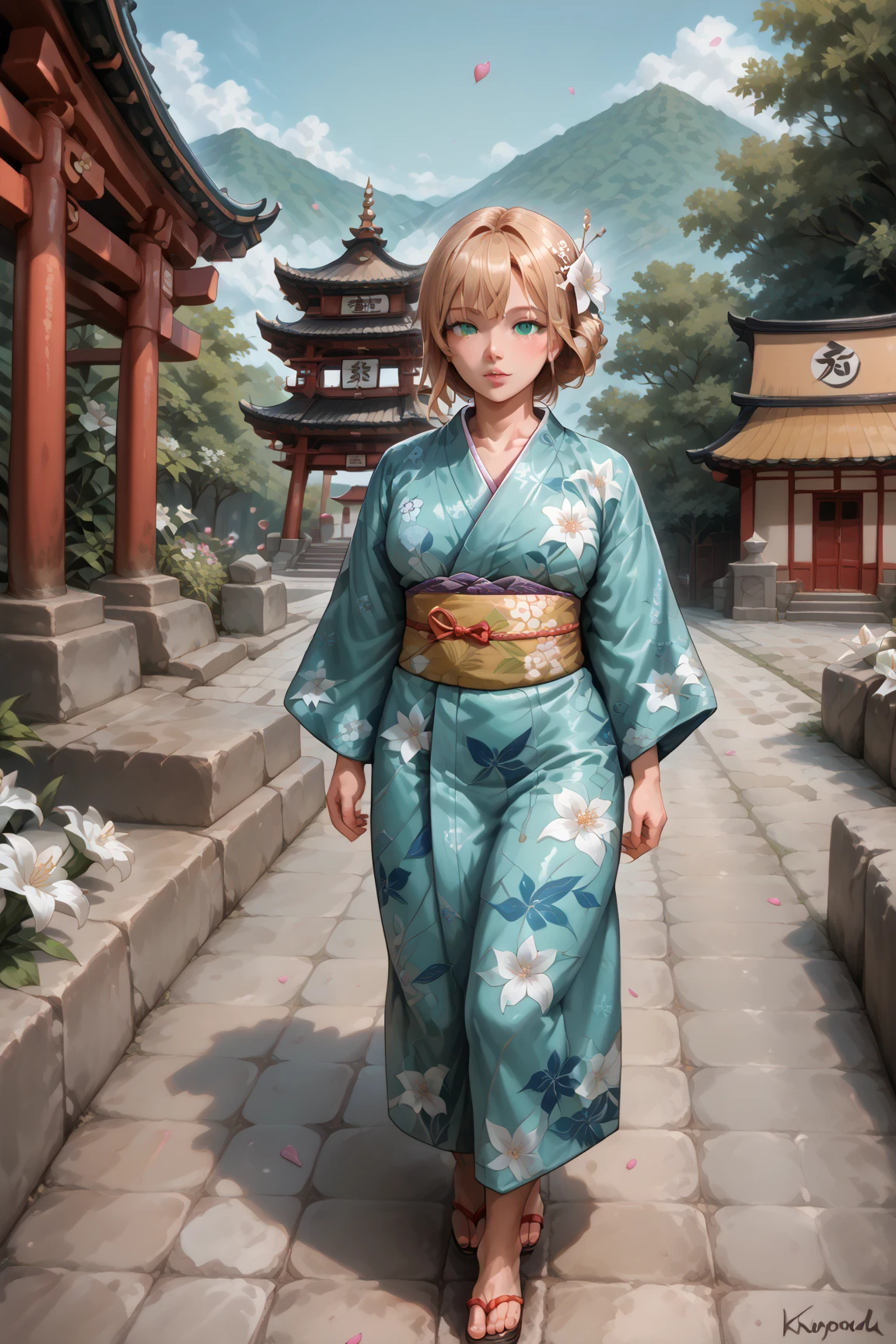  One Girl , Alone, the above, (White lily flower), Midea,  complicated,  top quality,  detailed background, Sayaka Miki, ((girl wearing a patterned teal  kimono:1.2)), (Walking through a Zen garden),  カジュアルな pose, Detailed texture,  pose, fローラl print,  hair flower,  hair ornament,   kimono,  kimono, heart, Outdoors, Pagoda,  petals, (teal  kimono), band, shrine, null, Stone Stairs, torii,  wide sleeve, yukata 