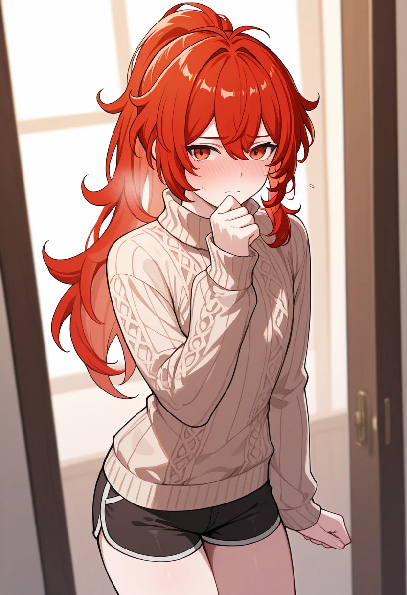 masterpiece, best quality, diluc (genshin impact), 1boy, long hair, red hair, red eyes, male focus, solo, ponytail, bangs, hair between eyes, vibrant red hair, saturated quality red hair, wibrant quality image, beige sweater, thick knight sweater, tight sweater, long sweater, long sweater covering shorts, shy, coy