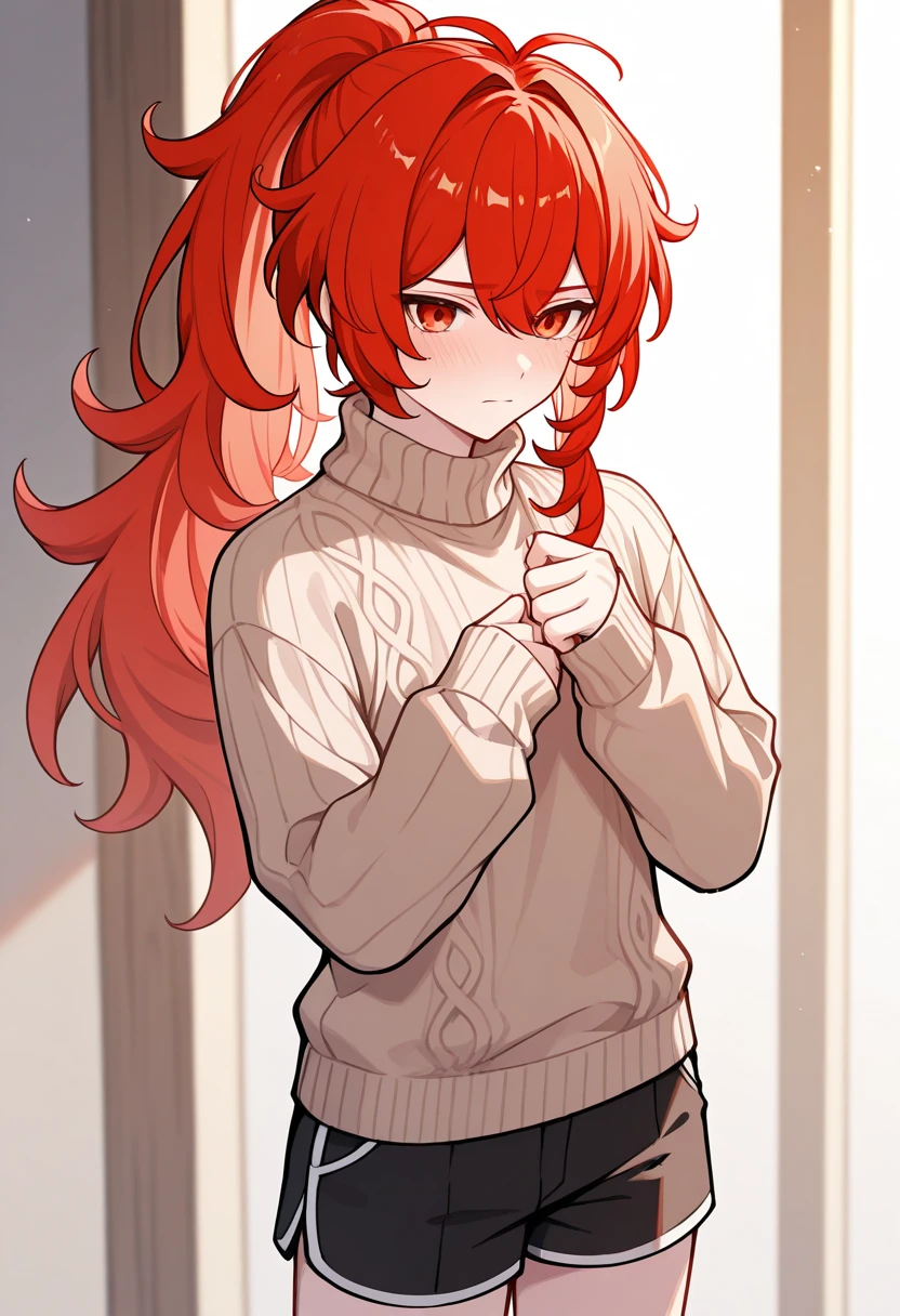 masterpiece, best quality, diluc (genshin impact), 1boy, long hair, red hair, red eyes, male focus, solo, ponytail, bangs, hair between eyes, vibrant red hair, saturated quality red hair, wibrant quality image, beige sweater, thick knight sweater, tight sweater, long sweater, long sweater covering shorts, shy, coy