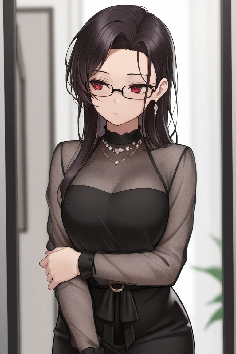 ((best quality)), ((masterpiece)), girl, dark parted hair, cute red eyes, elegant look, dark glasses, casual cool outfit, dark hair