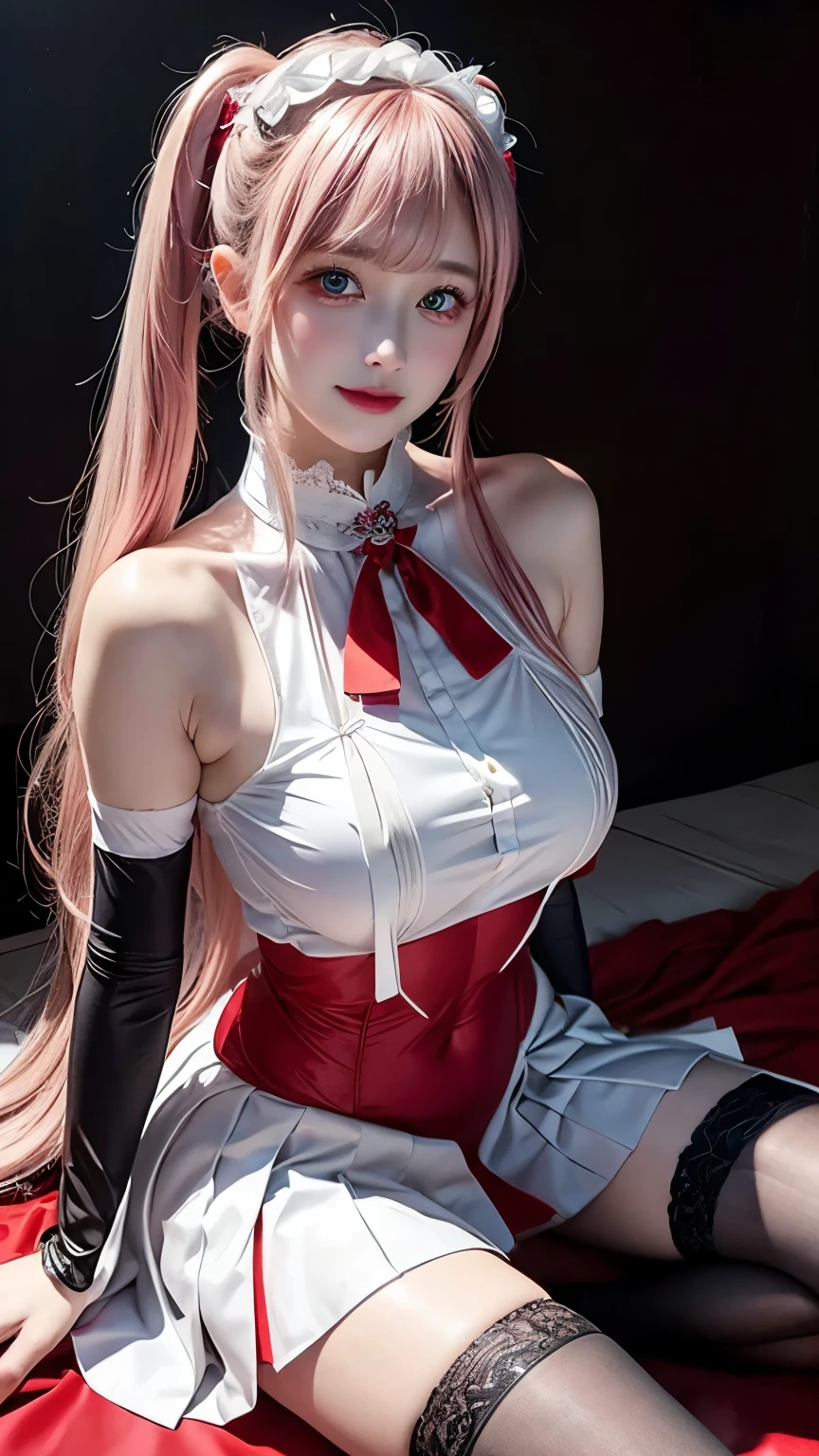 best quality, tmasterpiece,Ultra-high resolution,Clear face,(Reality:1.4),ferpect lighting,(upper body photo), (photorealistic:1.50), anime wallpaper, Guviz style artwork, cover-up fantasy up to magic , by Yang J, Guviz, beautiful artwork illustration, beautiful digital artwork, beautiful digital illustration, Li Song, beautiful anime portrait, art style in Beauvot, 1girl,solo,medium breasts,indoors,wedding dress,white dress,white thighhighs,Animal ears, pink hair, long hair, (jewelry:1.3),Earring,(standing), huge ass, giant ass, fat ass