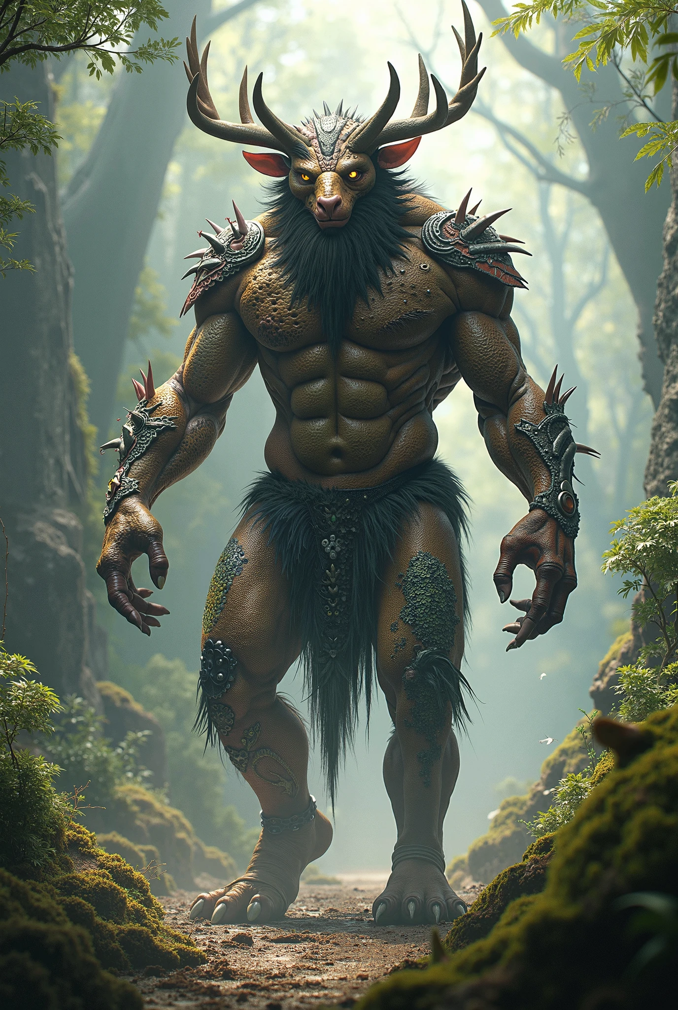 art, ((Minotaur walk in stone maze)), Greek mythology, monster, horror, creepy, muscle,, (stone walls covered with moss), madness,
animal grin, (body covered with fur),
trending on ArtStation, trending on CGSociety, Intricate, High Detail, Sharp focus, dramatic, photorealistic painting art by midjourney and greg rutkowski, bokeh on background
(skin texture), intricately detailed, fine details, hyperdetailed, raytracing, subsurface scattering, diffused soft lighting, shallow depth of field, by (Oliver Wetter)