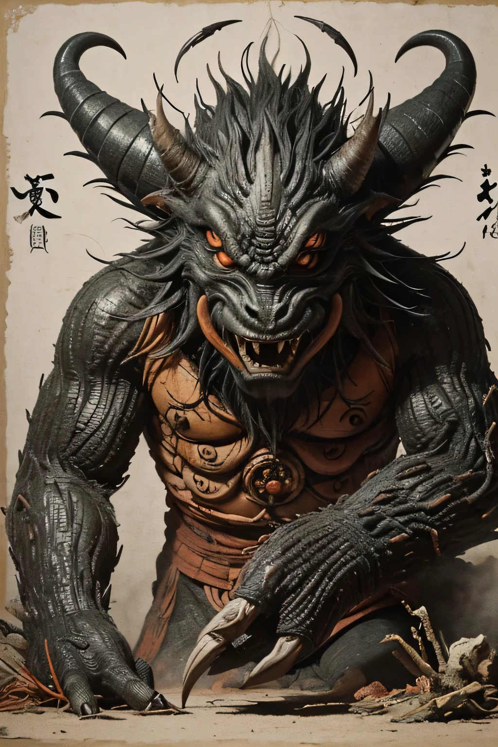 (( Darkness)), ((A large number of beast-like monsters)), ((Jumpscare)),  outline warm color, ((festival)), ((Choju Jinbutsu Giga)), ((Shihon Bokuga)),  antique, (personality personification ), (Ink painting), ( Black and White Art ), (Old paper style illustration), (Hunting Painting Style, Little Monster , Old performance, Variation pointillism,  flat illustration ,  creepy, ((Horror elements)), ( creepy) worldview, ( Primitive art ),  outline warm color,  are styled like old picture scrolls, Old stage, Ancient mural style,  Japanese Yokai, huge body 