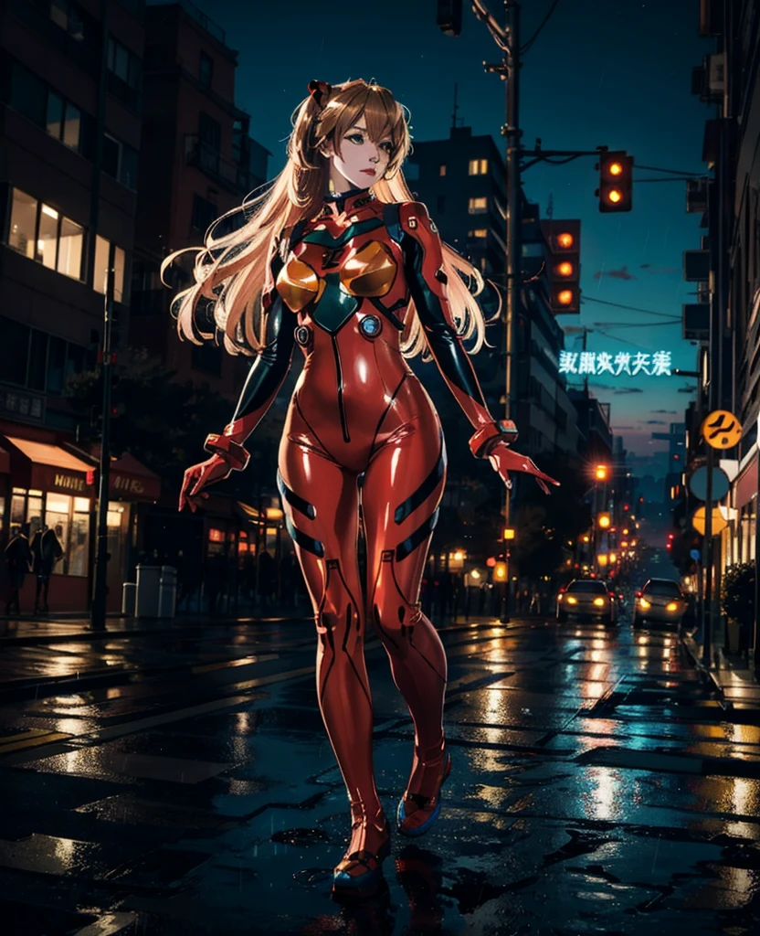 (masterpiece, best quality, detailed:1.4), <lora:hipoly3DModelLora_v10:0.6>, <lora:koreandolllikenessV20_v20:0.5>, <lora:asukaLangleySohryu_v9:1>, (1girl), (souryuuasukalangley, interface headset, red plugsuit, detailed eyes:1.3), (track_jacket, open jacket:1.2), ((plugsuit 02 under clothes)), absurdres, intricate detail, ultra detailed, highres, (realistic, photo-realistic:1.4), 8k, raw photo, best illumination, Canon EOS, cute face, halo lighting, colorful, blonde, (bright blue eyes, looking at viewer:1.4), (from below, bangs, expressive hair, small breasts), cameltoe, (pink lips:0.25), city skyline, (white stripe, green stripe across chest:0.25), dynamic lighting, light glow, red and black gloves, (thick thighs), full body, dynamic pose, red straight line, (leather plugsuit),