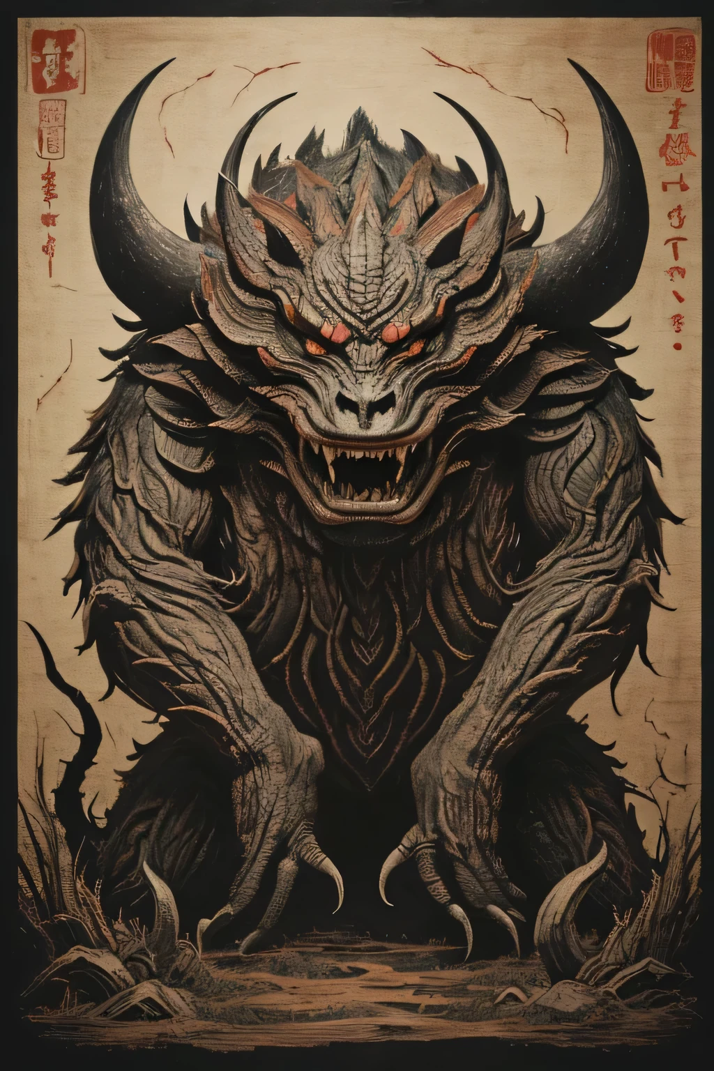 (( Darkness)), ((A large number of beast-like monsters)), ((Jumpscare)), outline warm color, ((festival)), ((Choju Jinbutsu Giga)), ((Shihon Bokuga)), antique, (personality personification ), (Ink painting), ( Black and White Art ), (Old paper style illustration), (Hunting Painting Style, Little Monster , Old performance, Variation pointillism, flat illustration , creepy, ((Horror elements)), ( creepy) worldview, ( Primitive art ), outline warm color, are styled like old picture scrolls, Old stage, Ancient mural style, Japanese Yokai, huge body