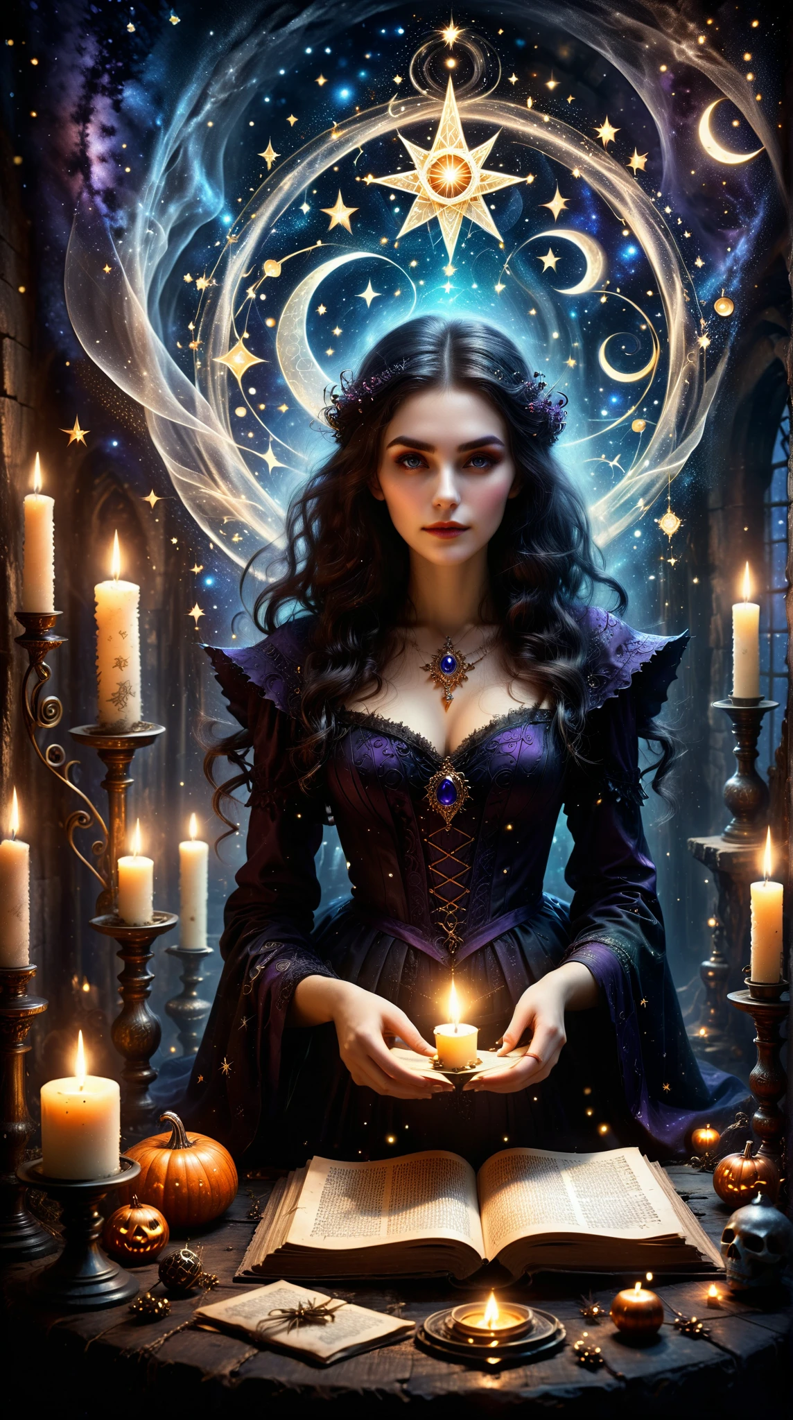  An elegant and beautiful witch ， wearing the wrong intricate costume ， Possessing charming eyes ， in hand ， surrounded by mysterious shining symbols，Old scroll held by candlelight ，Ancient magic， Quiet and charming atmosphere ，Starry Sky Law，