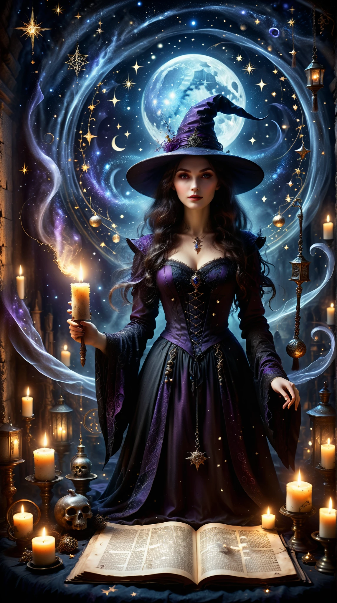  An elegant and beautiful witch ， wearing the wrong intricate costume ， Possessing charming eyes ， in hand ， surrounded by mysterious shining symbols，Old scroll held by candlelight ，Ancient magic， Quiet and charming atmosphere ，Starry Sky Law，