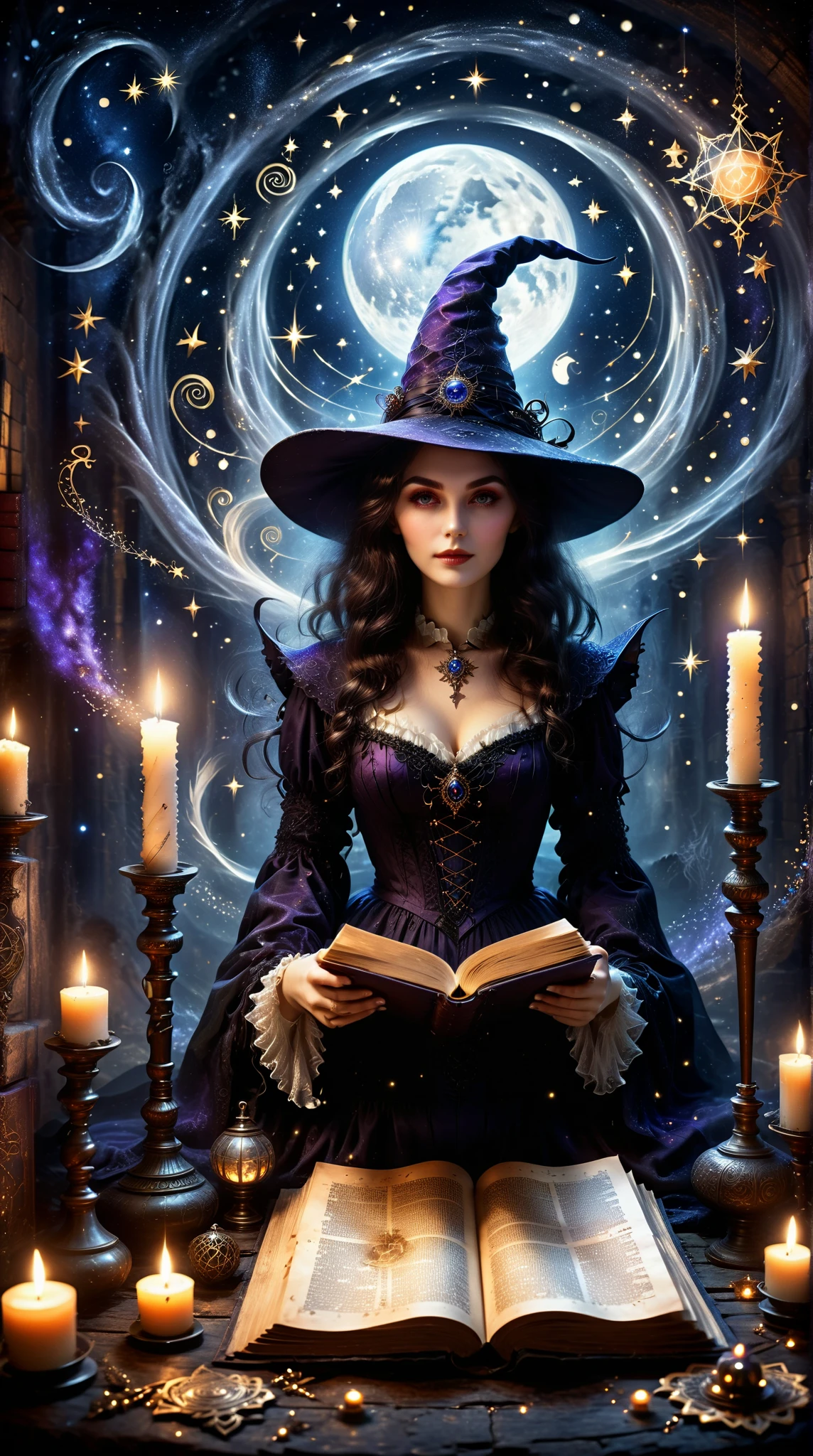  An elegant and beautiful witch ， wearing the wrong intricate costume ， Possessing charming eyes ， in hand ， surrounded by mysterious shining symbols，Old scroll held by candlelight ，Ancient magic， Quiet and charming atmosphere ，Starry Sky Law，