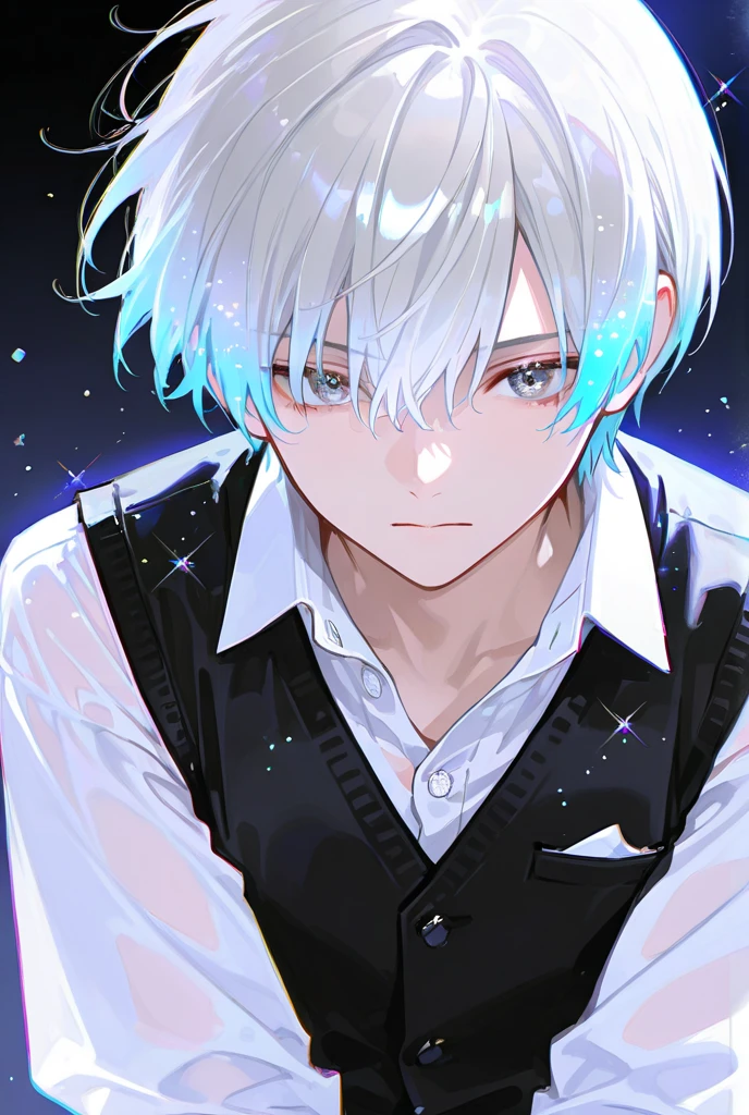  one man, Silver Hair,  Shortcut ,  black gradient color hair, Background Blur,  glitter effect, white buttoned shirt with black vest
