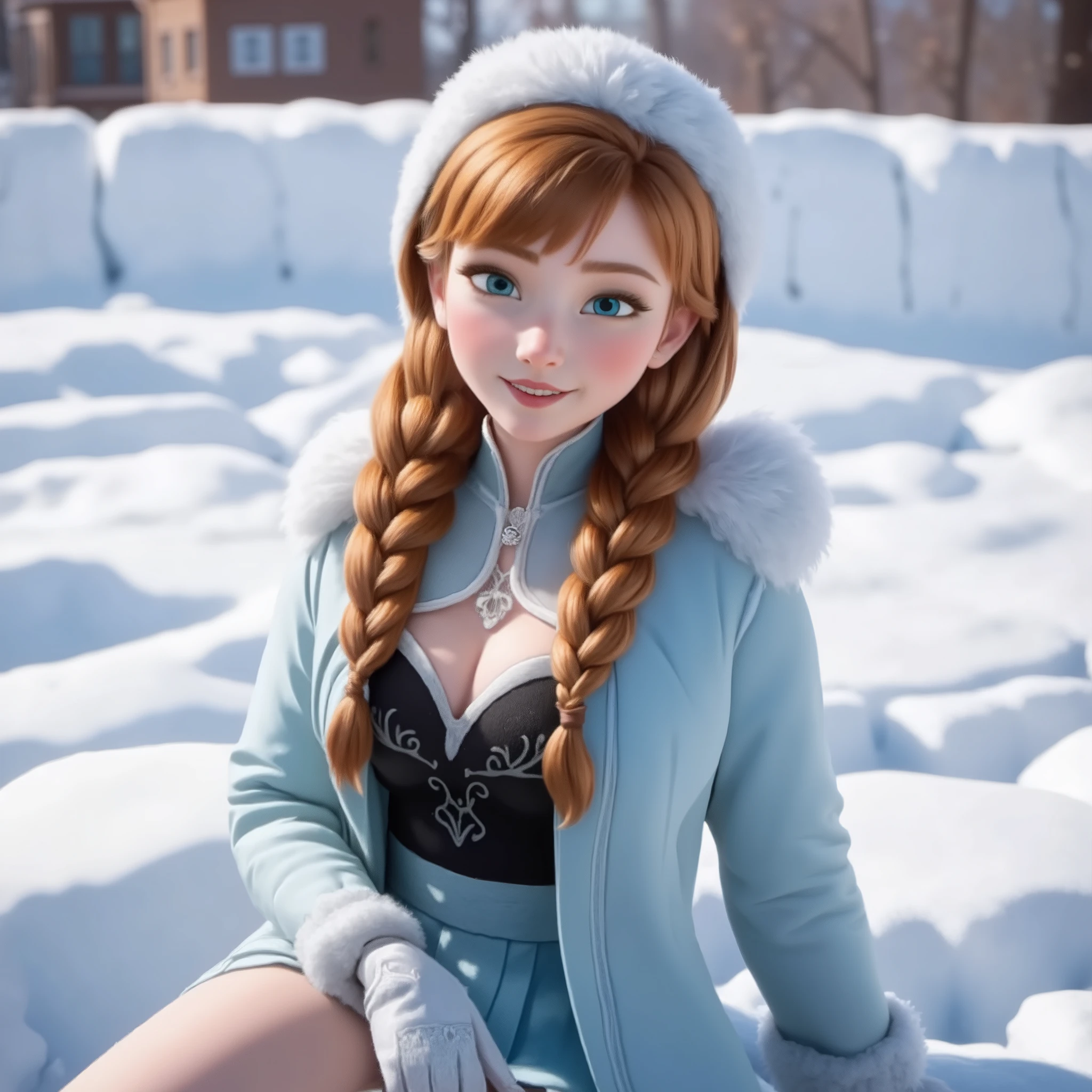 This is a highly detailed CGI rendering of dis4nn4, a young woman with a warm, inviting expression, sitting in a snowy landscape. She has fair skin, long auburn hair styled in two braids that drape over her shoulders, and bright blue eyes. She is wearing a light blue winter coat with a high collar and fur-trimmed hood,, over a lowcut top that accentuates her ample cleavage. Her hat matches the colour of her coat. Her outfit also includes a blue skirt with a white snowflake pattern, and she wears furry white mittens. The texture of her clothing appears soft and warm, with subtle details like the fur trim and the delicate lace on her collar. The background is a pristine winter scene, featuring snow-covered exterior. The light in the image is soft and warm, casting gentle shadows that enhance the texture of the snow and the woman's features. The overall mood of the image is peaceful and serene, with a focus on the woman's cheerful demeanour and the beautiful winter scenery.