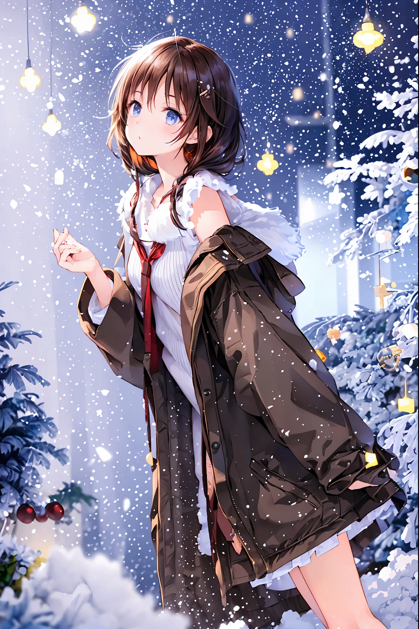 Winter clothes、Red coat、Bare legs、(     top quality ,Masterpiece:1.3,     Ultra-fine ),(      very detailed,      caustics,8k),(      realistic :1.4,RAW shooting),18 years old,      Japanese      ,      cute,  カメラを見て笑faceで   ,(     face    :1.2),(     faceクローズアップ  :1.2),(Low position:1.3),(      low angle:1.4),    brown hair，      Shortcut ，      slender beauty      ，      messy hair，Cityscape，   brown hair， Shortcut ， Unkempt Hair ，Short braided hair，Neat， slender beautiful woman，Correct posture，Small chest， Beautiful Legs， Enchanting gray-blue eyes are shining like stars，Droopy eyes， bright color, beautiful eyes,繊細な笑face,Textured Skin, Best Quality at its Best , gentle and beautiful woman , anime style､