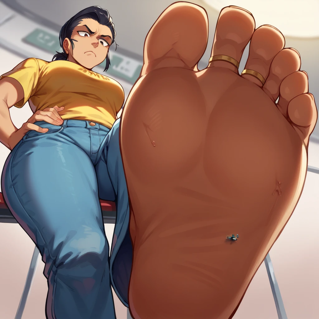 score_9, score_8_up, score_7_up, source_anime, BREAK pov: under giantess,Dark skin tone, black hair,jeans,Yellow lion shirt ,Ponytail hair,from below,Text: GigaTeam,world,space,sit,bored face,soles,