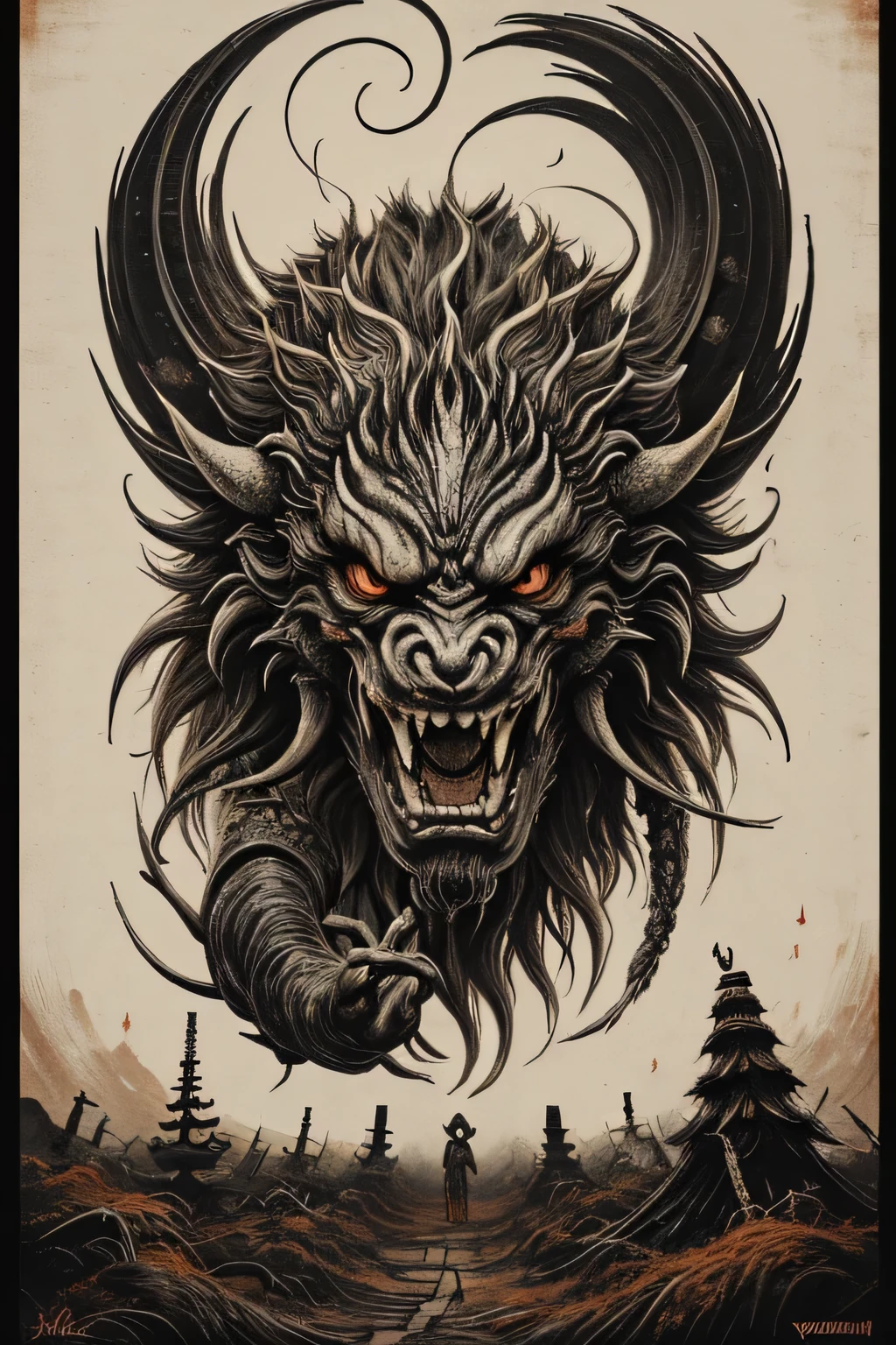 (( Darkness)), ((A large number of beast-like monsters)), ((Jumpscare)), outline warm color, ((festival)), ((Choju Jinbutsu Giga)), ((Shihon Bokuga)), antique, (personality personification ), (Ink painting), ( Black and White Art ), (Old paper style illustration), (Hunting Painting Style, Little Monster , Old performance, Variation pointillism, flat illustration , creepy, ((Horror elements)), ( creepy) worldview, ( Primitive art ), outline warm color, are styled like old picture scrolls, Old stage, Ancient mural style, Japanese Yokai, huge body , Intense Movements