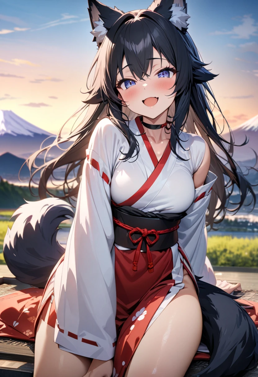 cute anime wolf boy with long black hair and wolf ears and wolf tail, choker, open mouth smile,boy wearing miko kimono costume, mt.fuji in background, 
masterpiece,best quality,ultra detailed, very aesthetic, soft focus, 