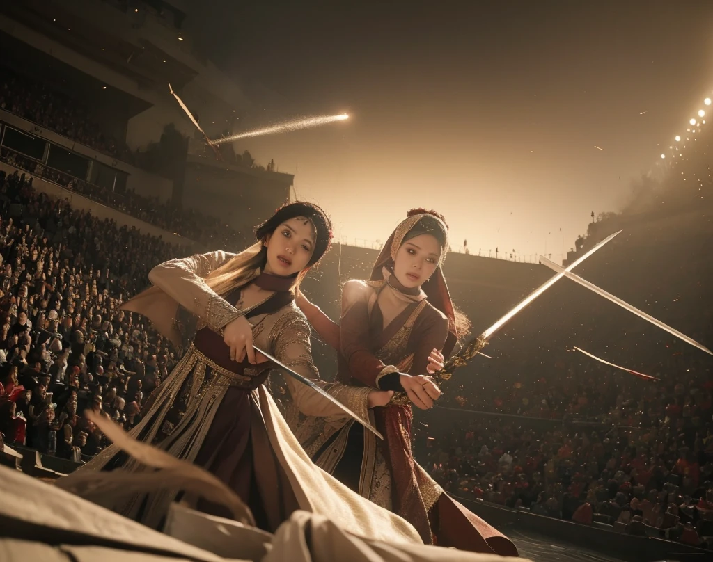 "Create a dynamic and epic illustration of two generation z girls wearing satin kebaya, long sleeve kebayas, hijab, Asian faces, , fighting in a gladiator arena with swords, engaged in a fierce battle inside a magnificent Roman coliseum. An energetic scene as two girls fight with great determination.

The arena is filled with a roaring crowd, with dust and debris flying from the force of their blows. The setting sun casts a golden hue across the battlefield, highlighting the sweat and intensity on their faces. Their weapons clash with flying sparks, and the tension in the air is palpable. The background features the towering stone walls of the coliseum, with banners flapping in the wind, adding to the grandeur of the scene.

The overall atmosphere should reflect the strength, skill, and determination of the gladiators, with a focus on the dramatic and heroic nature of their fights.