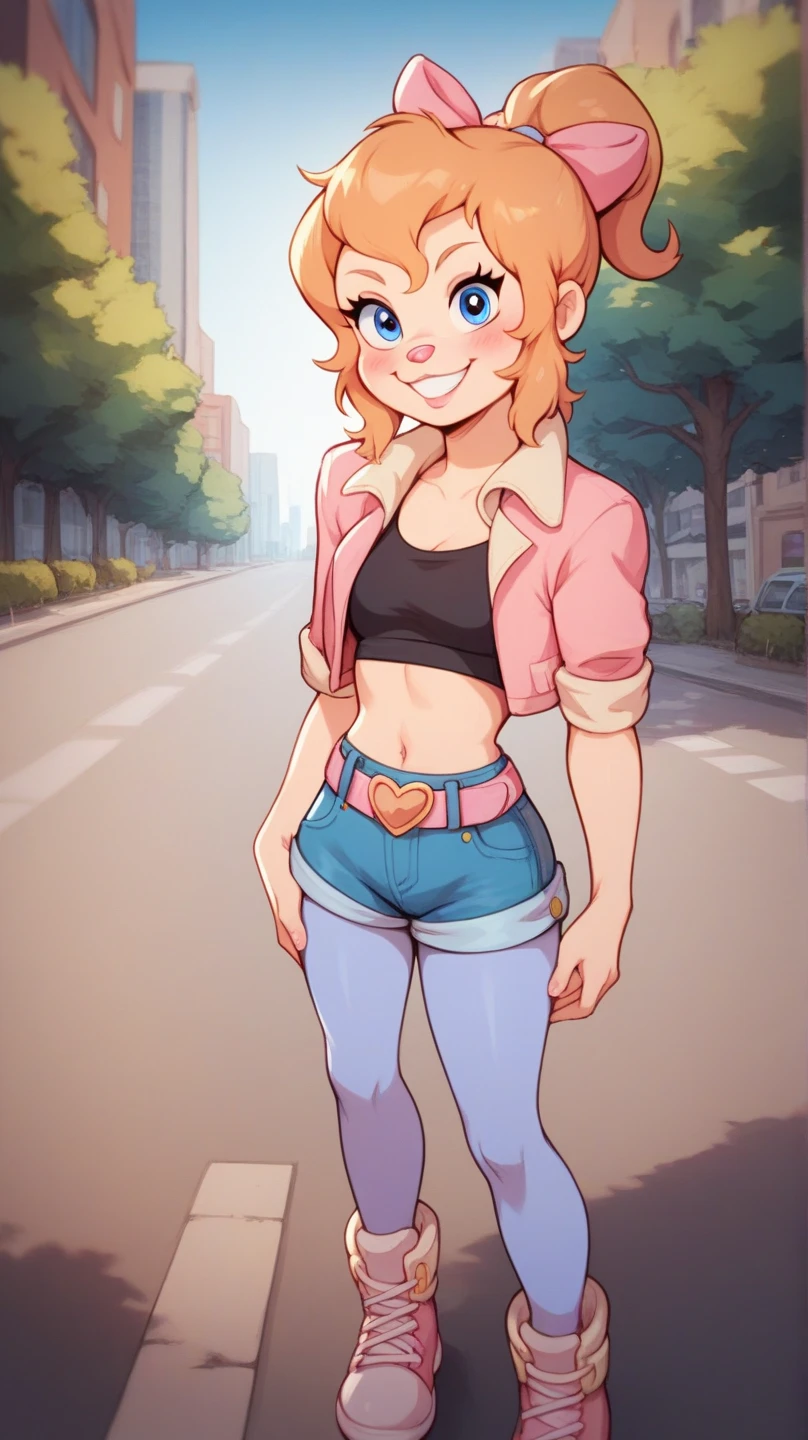 brittney, 1girl, ponytail , solo, small round pink nose, brown hair, pink hair ribbon, pink leather jacket, black crop top, pink belt with heart buckle, jean shorts,purple pantyhose, pink shoes , blue eyes, smile, blush,, score_9, score_8_up, score_7_up, score_6_up, score_5_up, score_4_up, standing on pavement, hands on belt, standing,looking at viewer, city, streets, trees, buildings,