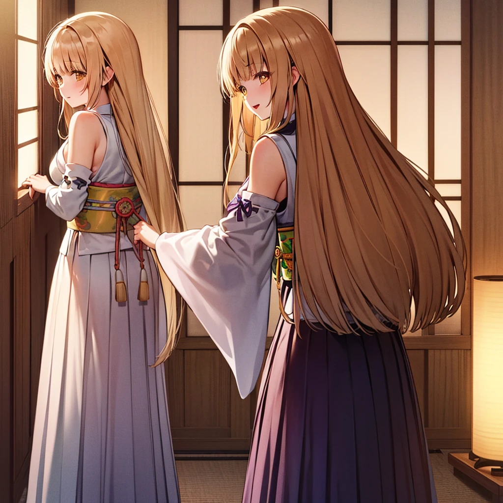 top quality, very detailed,masterpiece, best quality, highres, 1girl,shiina mahiru,yellow eyes ,blonde hair,long hair,happy,detached sleeves, japanese clothes, sash, obi, hakama skirt, purple hakama,from behind,back