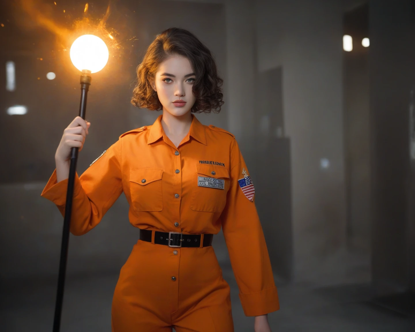 "In a semi-real anime style, a daring female character from the game Scum stands confidently in a dark, decaying environment. She wears a provocative orange prison outfit, featuring a short cut and a deep neckline that accentuates her bold personality. Her long, flowing hair cascades around her shoulders, and she holds a firearm with a fierce expression. The background is a blend of shadows and muted colors, creating a mysterious aura, while a soft, glowing light highlights her figure. The scene captures her rebellious spirit and strength, inviting viewers to explore the juxtaposition of beauty and danger."