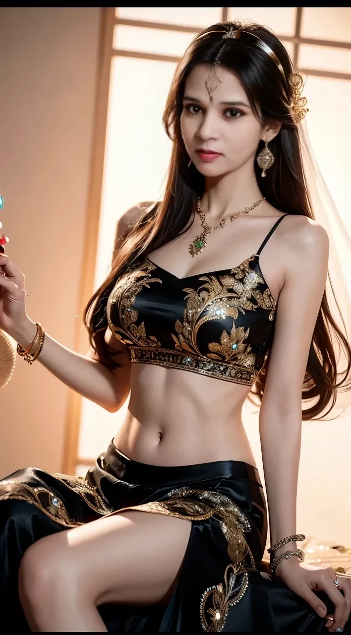 4K, UHD, masterpeice, 1 girl, good face, detailed eyes, detailed lips, very long hair, straight hair, very long hair, beautiful hair, hair ornaments, hairband, gradient hair, ((black lehenga)), ((bridal lehenga)), ((decorated blouse)), sardine, ((sparkle lehenga)), ((black lace)), ((diamond bracelet)), ((pendant)), ornaments, necklace, earring, high lighting, ((bare stomach)), ((in the wedding stage)), fujicolor, depth of field, ray tracing, ultra realistic detail, sitting,