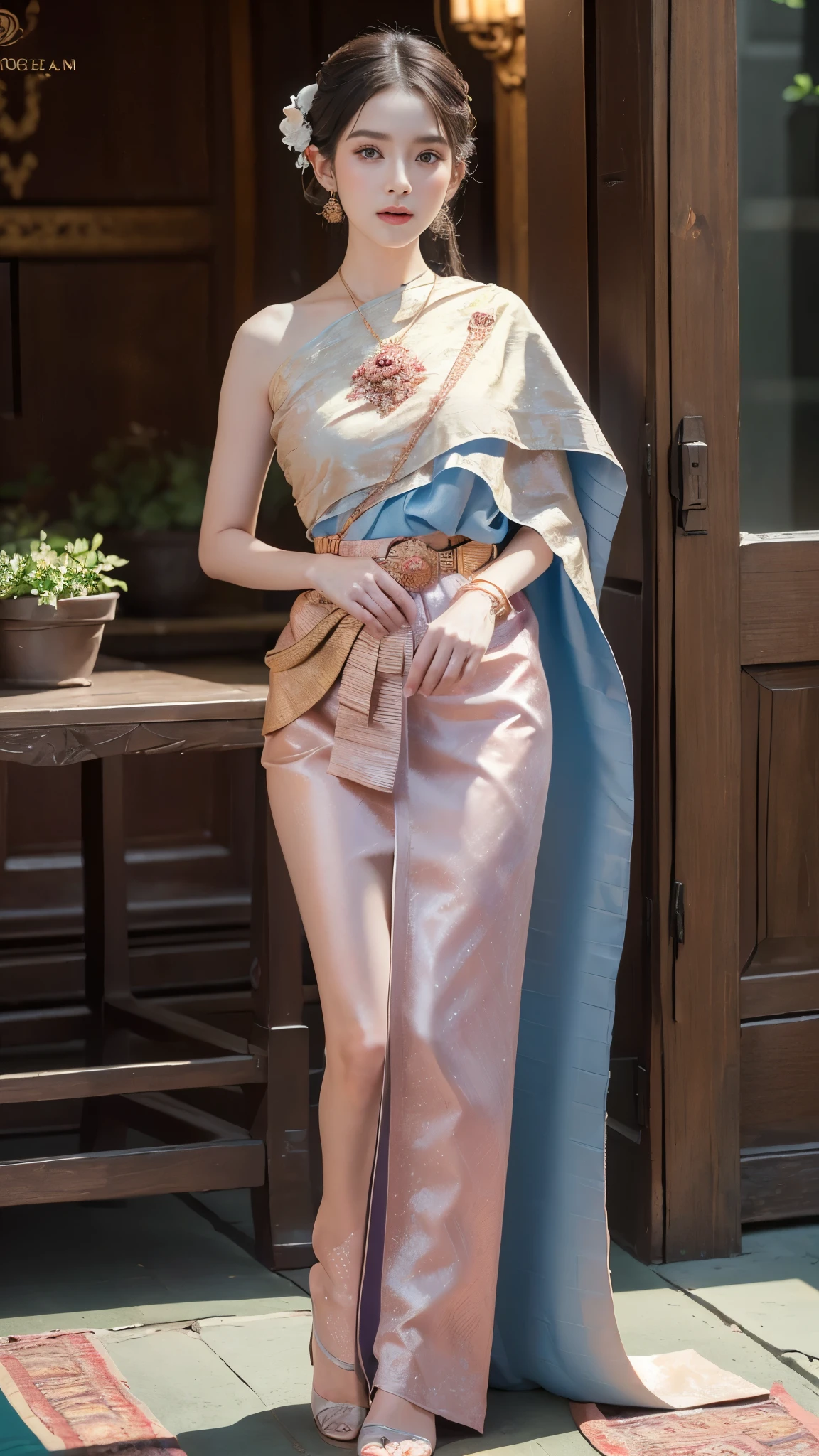 (raw photos:1.2), (realistic:1.4), (Masterpiece:1.3), (best quality:1.4), Ultra high resolution, (Detailed eyes), (Detailed facial features), (Detailed clothing features), HDR, 8K resolution, Focus only, Dressing according to Thai tradition, Traditional shawl , 1 woman , big breasts, A gigantic rift, big breastsดันเสื้อผ้า, big breast, Breasts are fully grown., Make your breasts bigger.., small waist, Long legs, Facing the audience, Full body, depth of field, Cinema-grade lighting system, big breasts, too big for your body, Showing a flat stomach, The lower half of the breast is visible.