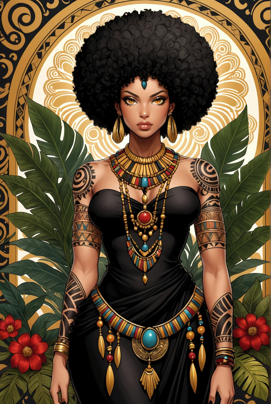 A full body portrait of a gorgeous black woman with flowers on her hair, tarot card, variscite, alphonse mucha, gustav klimt, anna dittmann, floral, art nouveau, illustration, hyperrealistic, line art, marker drawing, watercolor painting, african American woman