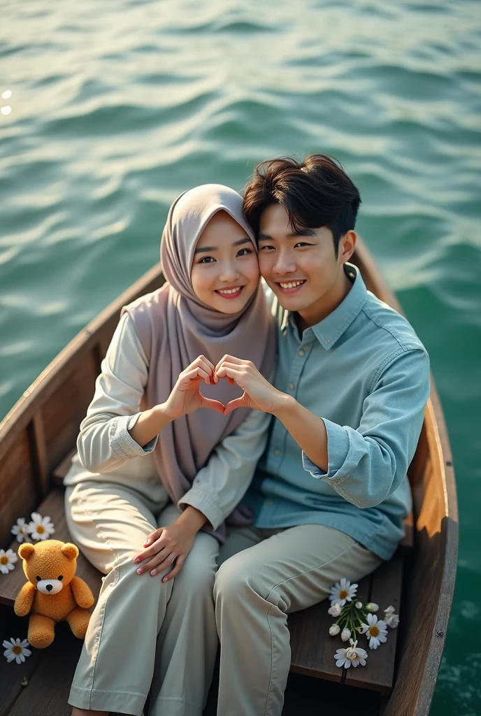 Stunning lakeside views under clear blue skies. A beautiful Korean girl, white, with a well-groomed face, with a red and orange hoodie, elegant, white jeans, and a handsome Korean man with white skin, with a red and orange shirt and white jeans are sitting intimately. Looking at the camera, the sparkling lake, lush trees, and distant mountains form the background. The woman wears a red and orange hijab, and the man wears a cool black watch, colorful flowers on the left and right, adding a romantic touch. The essence of happiness, cheerfulness and joy is captured in this image. original photo,