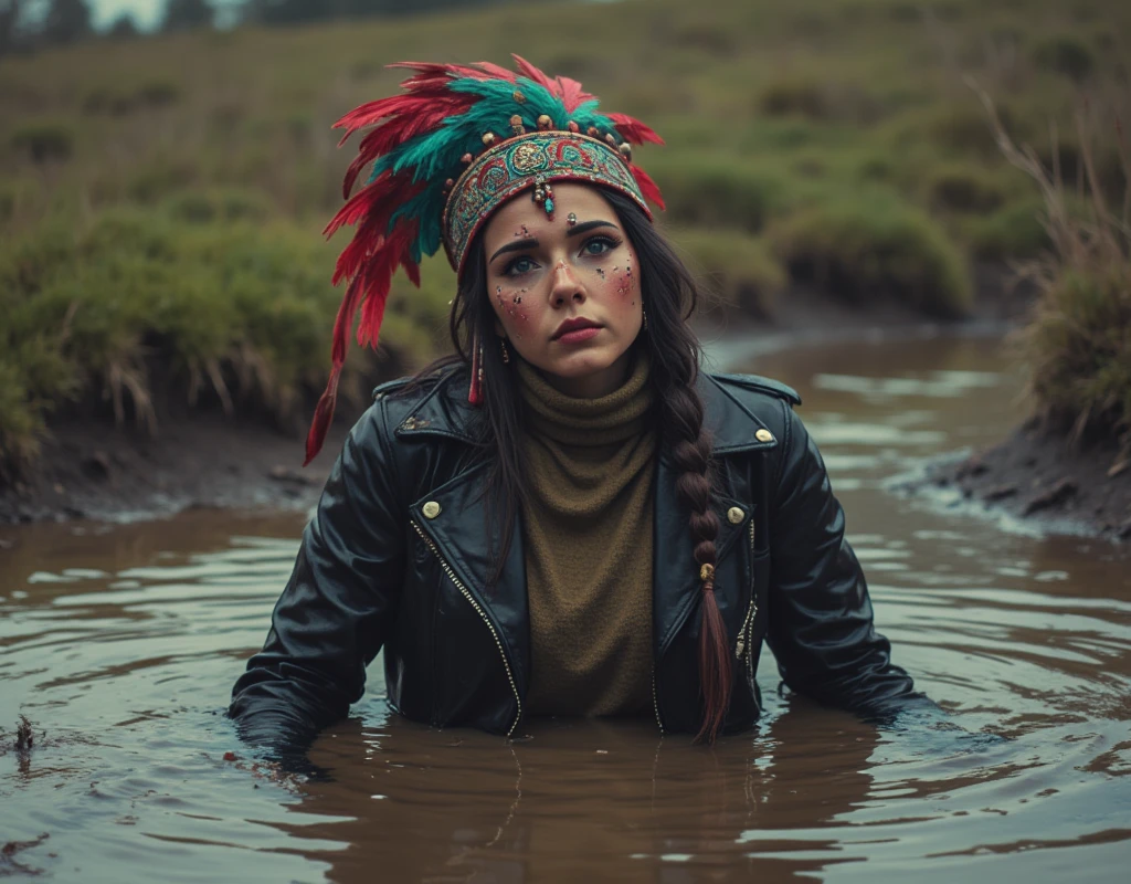 documentary drama portrait, a woman in high heels and wetlook flared jeans and t-shirt and biker jacket, desperate stuck in bog, victim of ritual, sexy posing, seductive posing, wearing a beautiful headdress and traditional indigenous makeup, red