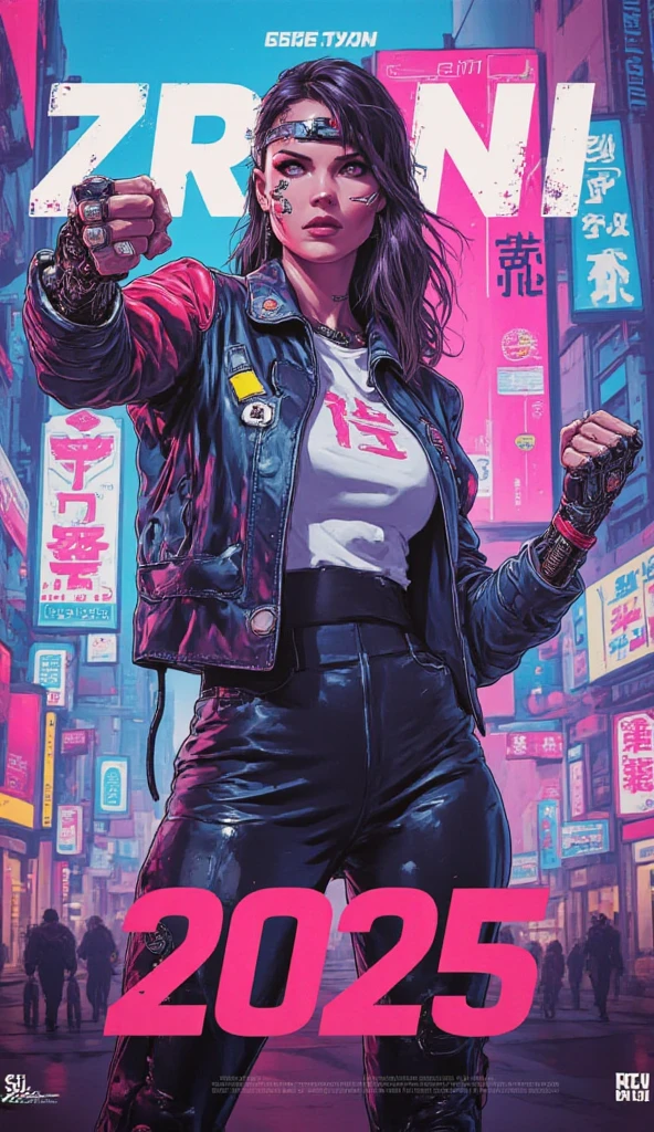 （masterpiece、 High Quality 、 HD、 Details）、new year resolution poster 、poster text（（Let's enjoy creat art 2025 !!)) Character、 cyberpunk cool woman doing fist pose poster