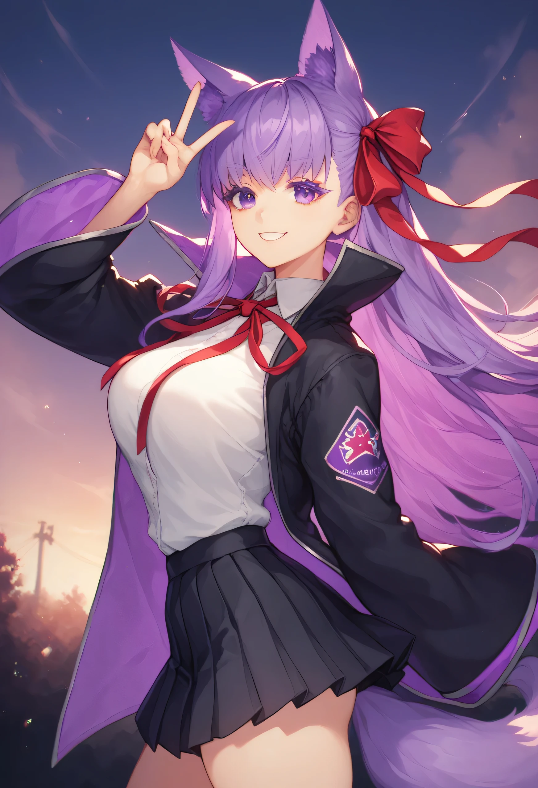 bb, purple hair, long hair, bangs purple hair, purple eyes, black jacket, black skirt, collared shirt, hair ribbon, skirt, jacket, long sleeves, neck ribbon, open clothes, open jacket, pleated skirt, red ribbon, ribbon, shirt, skirt, sleeves past wrists, white shirt, wide sleeves, fox ears, fox tail, purple eyelashes, thicc thighs, thick eyelashes, eyelashes, thick purple eyelashes, bloom, colorful, high contrast, cinematic lighting, cinematic, tone mapping, curvaceous body, curvaceous female, outdoors, from side, arm up, :v, smile