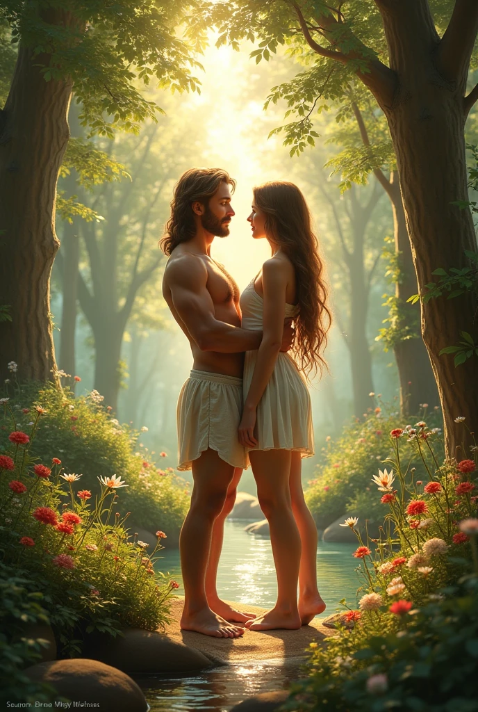Adam and Eve in a moment of happiness, surrounded by colorful flowers and garden animals. Both are smiling, Conveying innocence and joy. Sunlight softly illuminates the scene, highlighting the details of the leaves and faces.