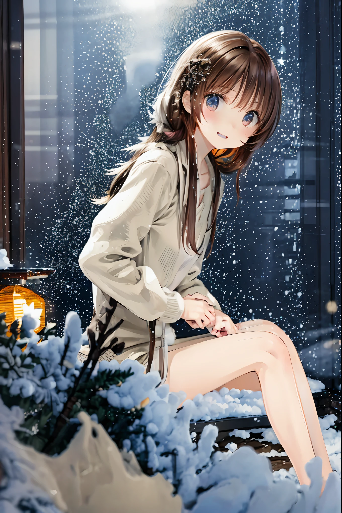 Winter clothes、Red coat、Bare legs、(     top quality ,Masterpiece:1.3,     Ultra-fine ),(      very detailed,      caustics,8k),(      realistic :1.4,RAW shooting),18 years old,      Japanese      ,      cute,  カメラを見て笑faceで   ,(     face    :1.2),(     faceクローズアップ  :1.2),(Low position:1.3),(      low angle:1.4),    brown hair，      Shortcut ，      slender beauty      ，      messy hair，Cityscape，   brown hair， Shortcut ， Unkempt Hair ，Short braided hair，Neat， slender beautiful woman，Correct posture，Small chest， Beautiful Legs， Enchanting gray-blue eyes are shining like stars，Droopy eyes， bright color, beautiful eyes,繊細な笑face,Textured Skin, Best Quality at its Best , gentle and beautiful woman , anime style､