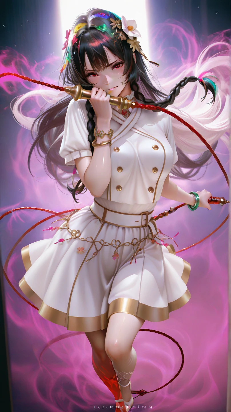  Create image
Anime girl ,  knee-length black hair ,  double-braided , Wolf tribe ,  good-looking whip , , good-looking, big-breasted, with hips , White aura skin, Wearing a white two peach ,  Wearing white high heels,  with beautiful colorful flowers all over her hair.,  wearing a colorful glow bracelet , Red eyes, Wear a transparent, pastel shimmering waistband