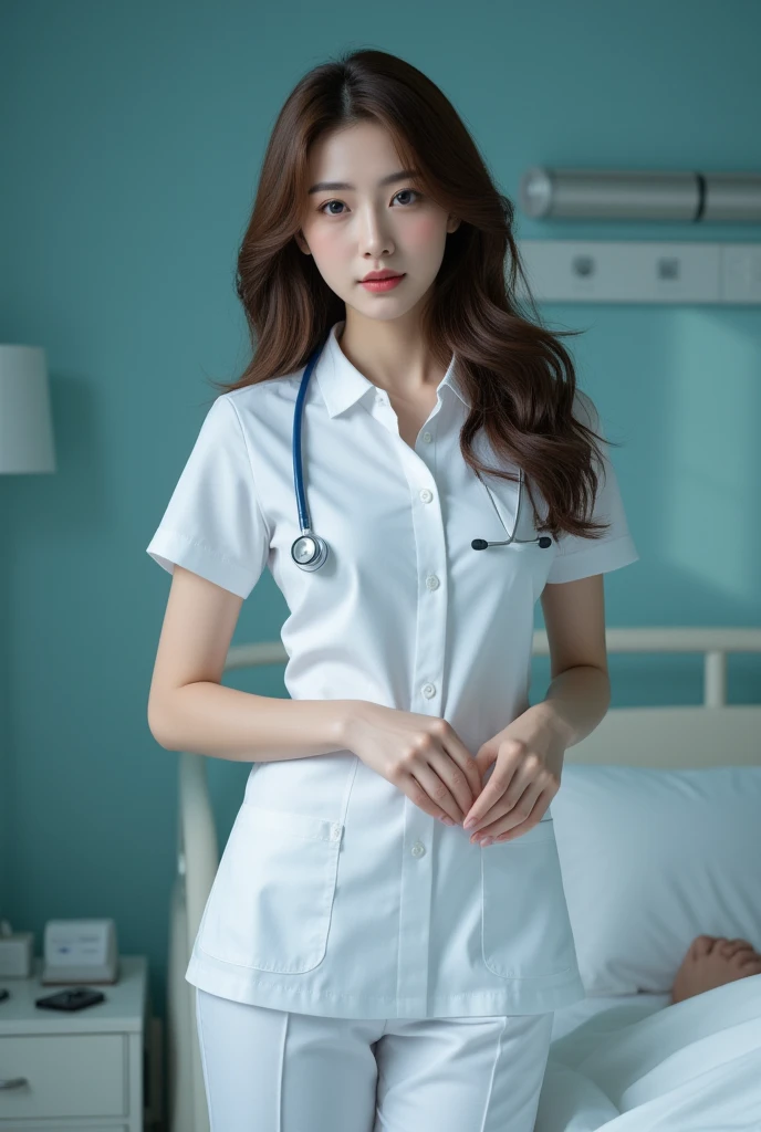 Top quality、16k、Highest resolution、Masterpiece、RAW photo、Full body photo、Detailed and realistic human body、Detailed and realistic skin、Detailed and realistic skin、Detailed and realistic face、Fidelity to every detail、Detailed and realistic lips、Detailed and realistic teeth、Detailed and realistic figure、She is dressed in nurse uniform nurse uniform clothes and standing by the patient's bed. A stethoscope is around her neck Black shoes are on her feet Pen is on the floor Nurse in nurse uniform Realistic ears、Realistic and detailed hair、Exquisite and realistic fingers、(Beautiful hands)、Realistic down to the toes、Realistic chest detail、Fidelity to every detail、(( ))))))(Japanese model), ((beautiful woman))、(brown hair))、((tag))、((full body))、((elastic beautiful breasts))、((fashionable slim style))、(full body glossy skin、white skin))、(movie lighting))、(( , (clearly visible lines)), (no stickiness on the face: 1. 10), 、Nasu esuwai:1. 2, Top quality、16k、Highest resolution、Masterpiece、RAW photo、Full body photo、Detailed and realistic human body、Detailed and realistic skin、Detailed and realistic face、Fidelity to every detail、Detailed realistic lips、Realistic teeth and detailed figure、She is standing on the patient bed wearing nurse uniform clothes. Nursing uniform nurse gown Realistic ears、Realistic and detailed hair、Exquisite and realistic fingers、(Beautiful hands)、Realistic down to the toes、Realistic chest detail、Fidelity to every detail、(( Beautiful Japanese woman in G jacket))))))))(Japanese model)), ((Beautiful W