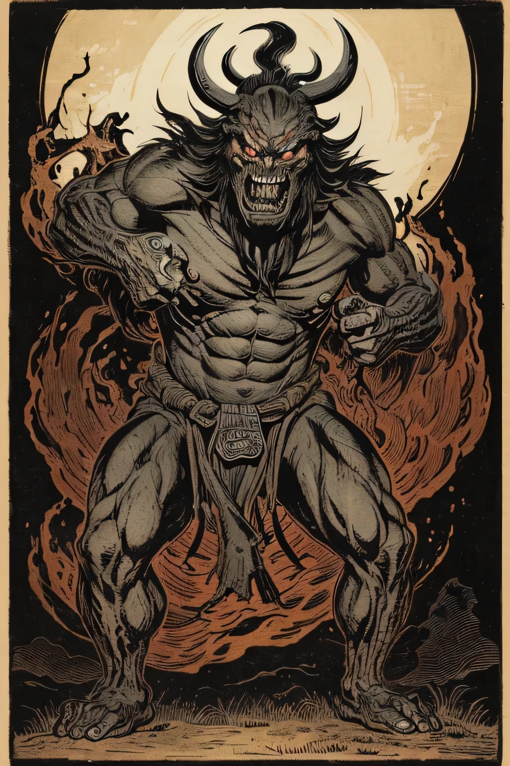 (( Darkness)), ((A monster that looks like a beast)), ((Jumpscare)), outline warm color, ((festival)), ((Choju Jinbutsu Giga)), ((Shihon Bokuga)), antique, (personality personification ), (Ink painting), ( Black and White Art ), (Old paper style illustration), (Hunting Painting Style, Little Monster , Old performance, Variation pointillism, flat illustration , creepy, ((Horror elements)), ( creepy) worldview, ( Primitive art ), outline warm color, are styled like old picture scrolls, Old stage, Ancient mural style, Japanese Yokai, huge body , Intense Movements , muscularity