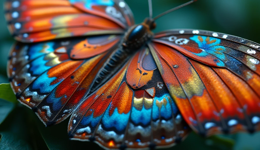 A close-up of a butterfly’s wing patterns, colorful and abstract