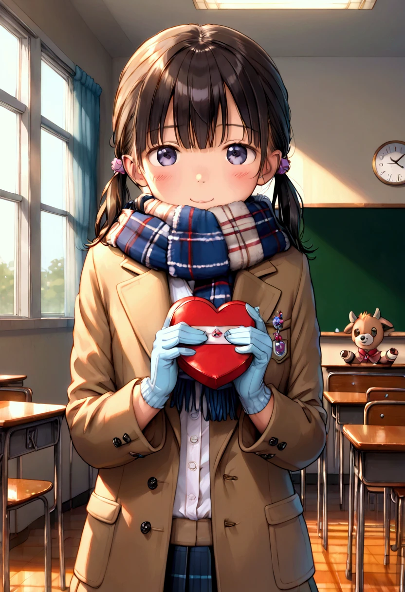 masterpiece, top quality, high definition,Anatomical, detailed explanation ,8k,kawaii,winter,School,classroom,(( 1 )),Baby Face,Petite,flat body , school uniform,Woolen gloves,Woolen scarf, duffle coat,Heart-shaped box,