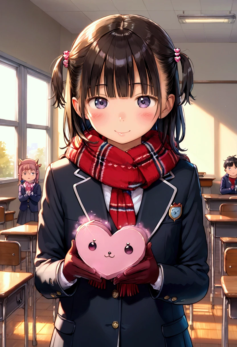 masterpiece, top quality, high definition,Anatomical, detailed explanation ,8k,kawaii,winter,School,classroom,(( 1 )),*********,Petite,flat body , school uniform,Woolen gloves,Woolen scarf, duffle coat,Heart-shaped box,