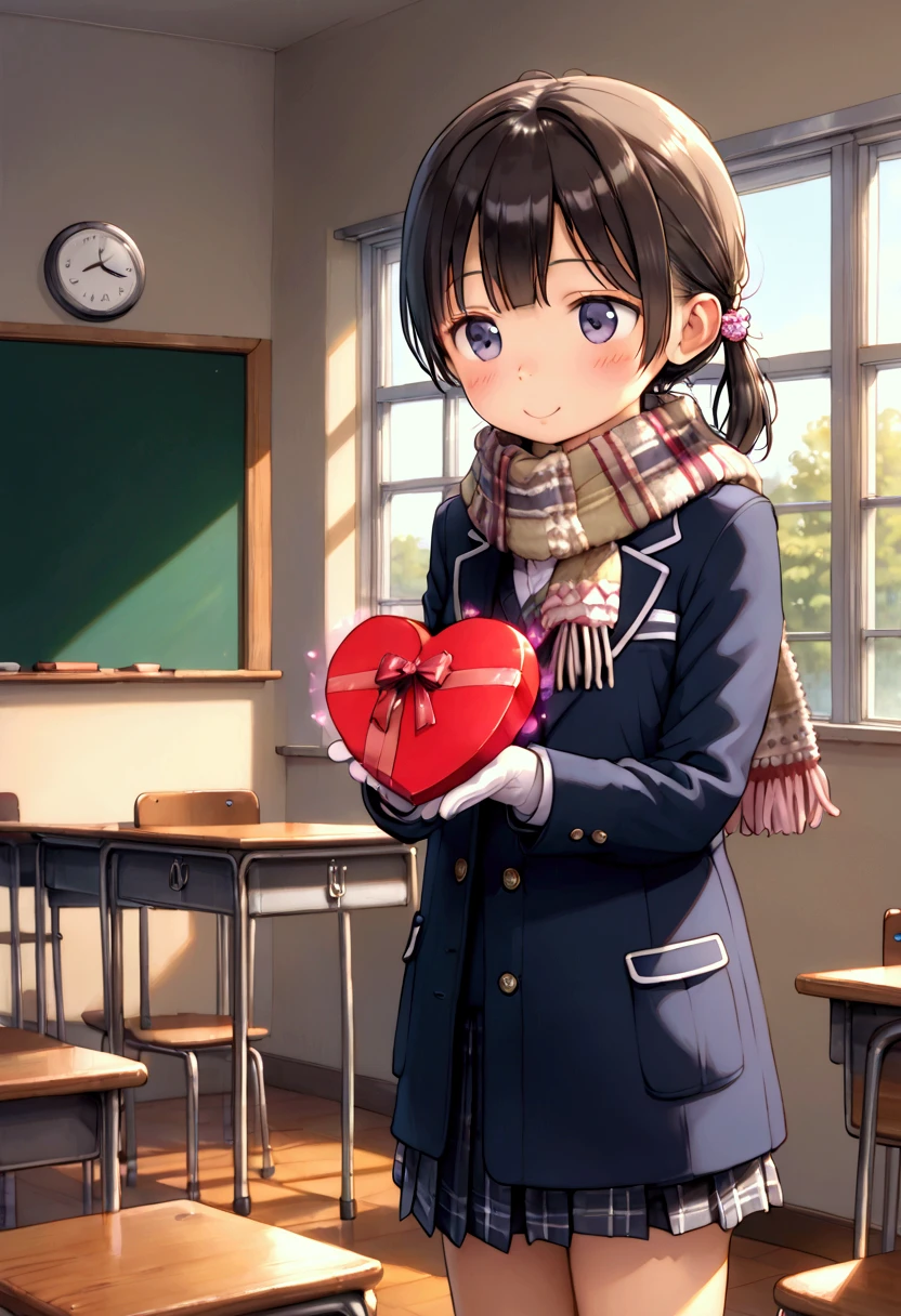 masterpiece, top quality, high definition,Anatomical, detailed explanation ,8k,kawaii,winter,School,classroom,(( 1 )),Baby Face,Petite,flat body , school uniform,Woolen gloves,Woolen scarf, duffle coat,Heart-shaped box,