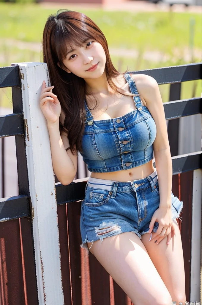 The beauty of 8K raw photos:2.0, poneyTail, great face and dark eyes, stares at the camera, A smile:1.6, show teeth, Hands behind your head, Show the armpits, squat with your legs wide open, Do squats, dynamicposes, Vibrant poses,（crop top and denim shorts:1.2)、Wear sneakers:1.4, Photorealsitic:1.9, extremely detailed CG unified 8k wallpaper, Highly detailed, High-definition raw color photos, professional photograpy,face forwards,Photographed on a busy road, sexy portrait of girl