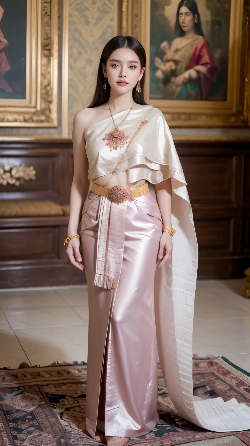 (raw photos:1.2), (realistic:1.4), (Masterpiece:1.3), (best quality:1.4), Ultra high resolution, (Detailed eyes), (Detailed facial features), (Detailed clothing features), HDR, 8K resolution, Focus only, Dressing according to Thai tradition, Traditional shawl , 1 woman , big breasts, A gigantic rift, big breastsดันเสื้อผ้า, big breast, Breasts are fully grown., Make your breasts bigger.., small waist, Long legs, Facing the audience, Full body, depth of field, Cinema-grade lighting system, big breasts, too big for your body, Showing a flat stomach, The lower half of the breast is visible.
