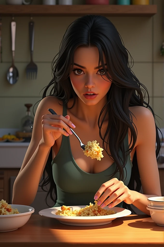 a woman of about 6, with Mexican features, looking to the side, half disheveled, eating at his wooden table, The Japanese food that he ordered at home