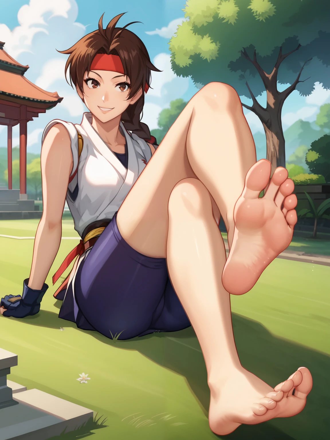 score_9, score_8_up,source_anime,
1girl, Yuri Sakazaki, alone, looking at viewer, cowboy shot, anime screencap, anime coloring，barefoot，Perfect feet，Anatomically correct，soles，Focal length 35mm, Five toes，front，Symmetrical Soles，Foot Focus, in a garden, lying on the grass with her back against the ground, lifting legs to show her soles, smile, 