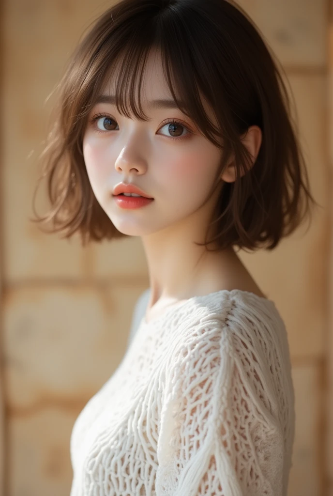 masterpiece、highest quality、High resolution、wallpaper、realistic、bright lighting、smooth lighting、japanese woman、Adult pretty woman、super beautiful、beautiful skin、slim、medium large、short hair、brunette colored hair、brown eyes、Big eyes、invisible tear bag、The camera is from the front、looks fun、knitwear