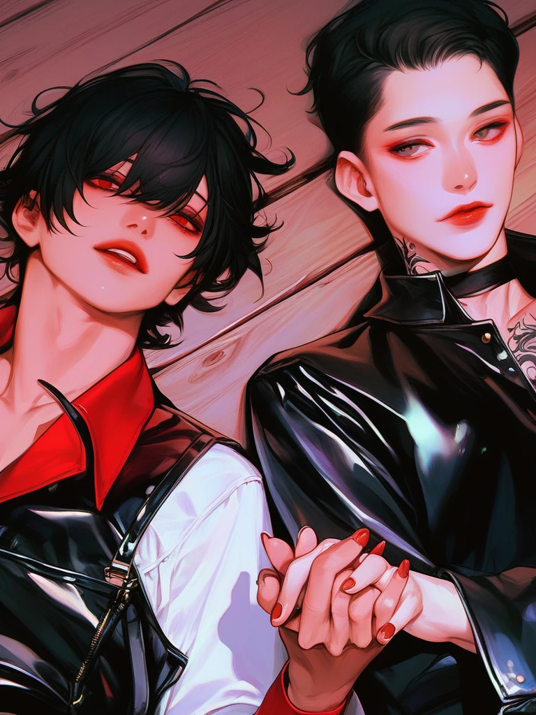 Comic Style，Multiple screen ：Two boys，Boss， dress black leather lazy suit,、Tattoos showing the chest ，Thick lips、lip nail，Depression、Men、 Black Hair 、 Red cheeks 、Hand hold a wooden stick，  Bar Background 。