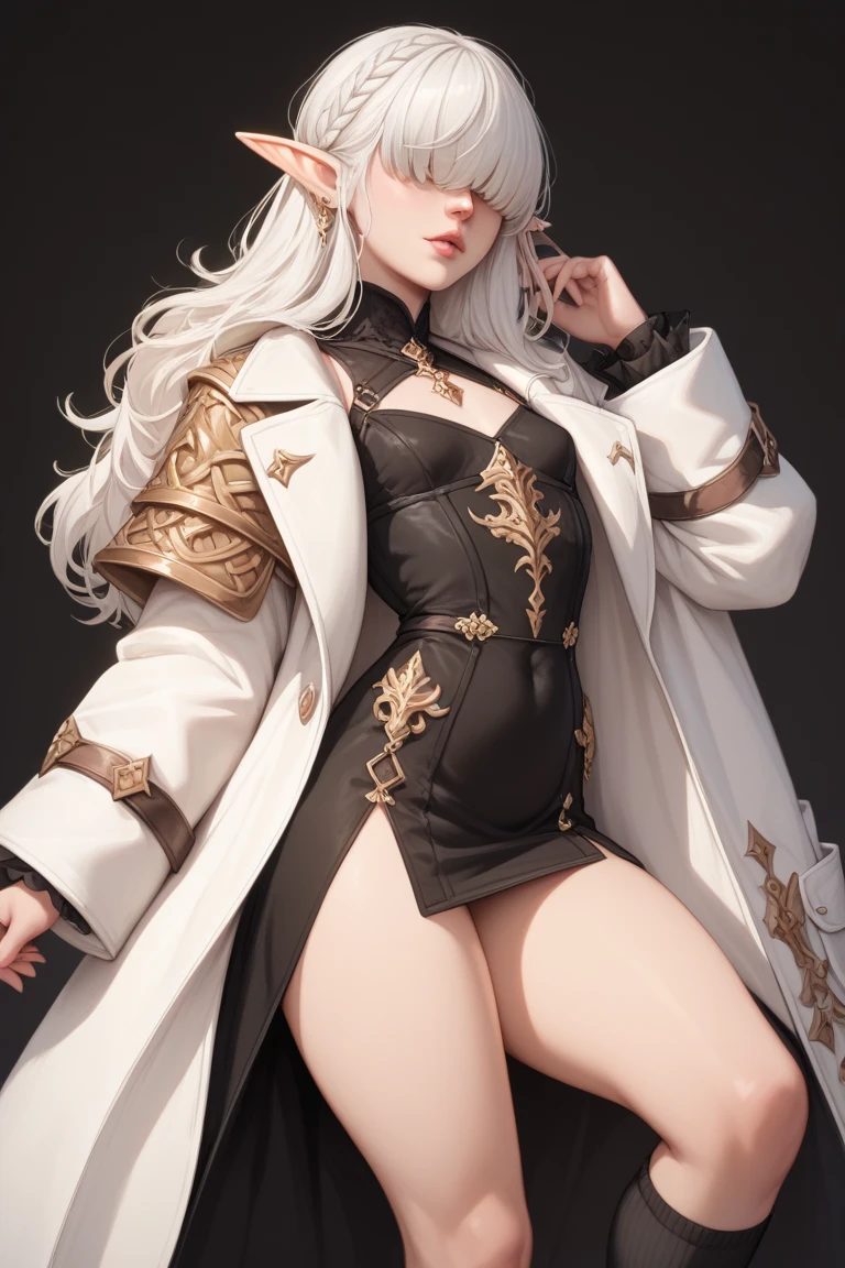 1 girl, long white hair, bangs over eyes, elf ears, pale skin, voluptuous, golden magical grimoire, short black dress, small breasts, white coat, black knee high socks, dark medieval fantasy, simple background