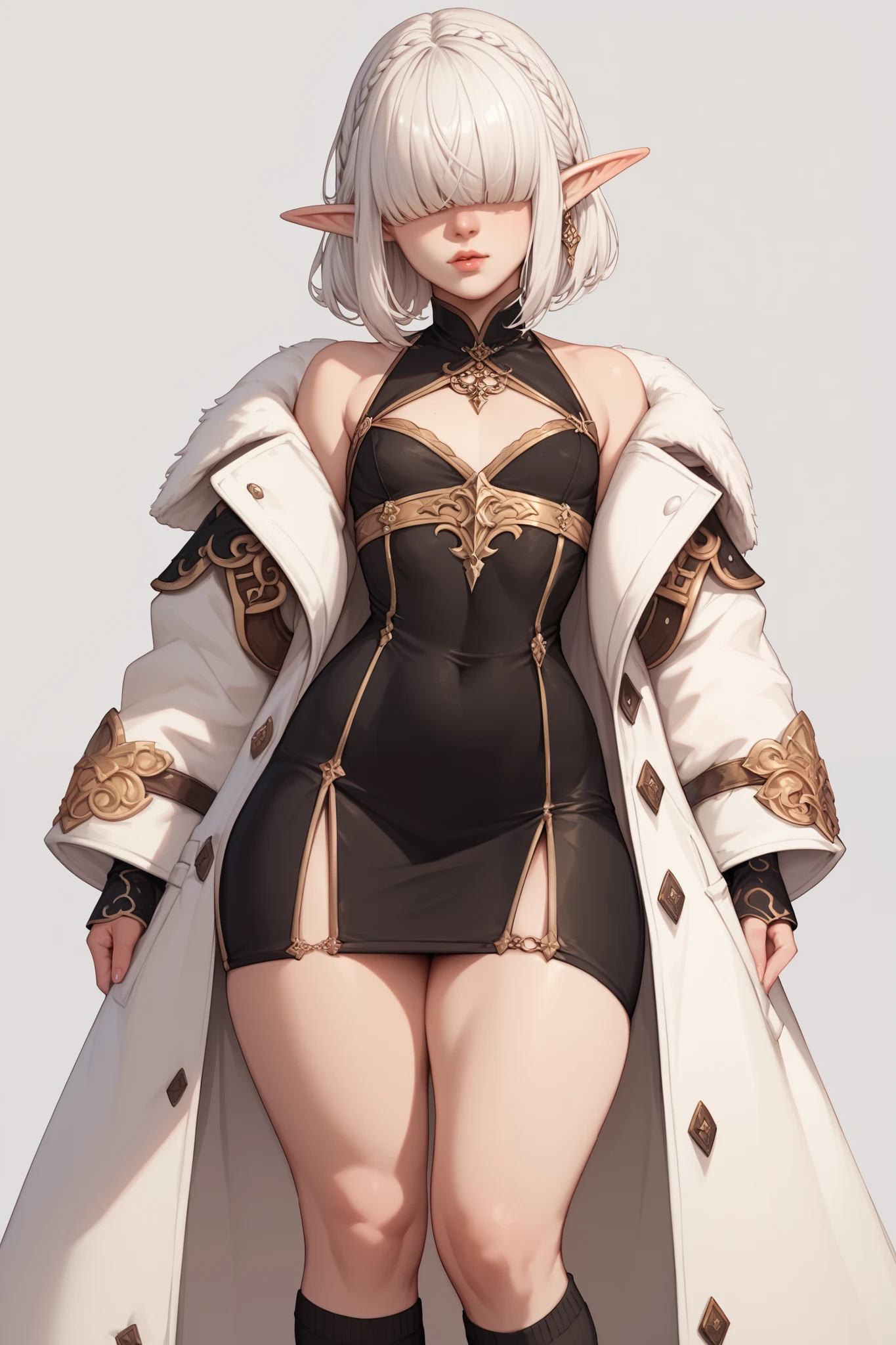 1 girl, long white hair, bangs over eyes, elf ears, pale skin, voluptuous, golden magical grimoire, short black dress, small breasts, white coat, black knee high socks, dark medieval fantasy, simple background