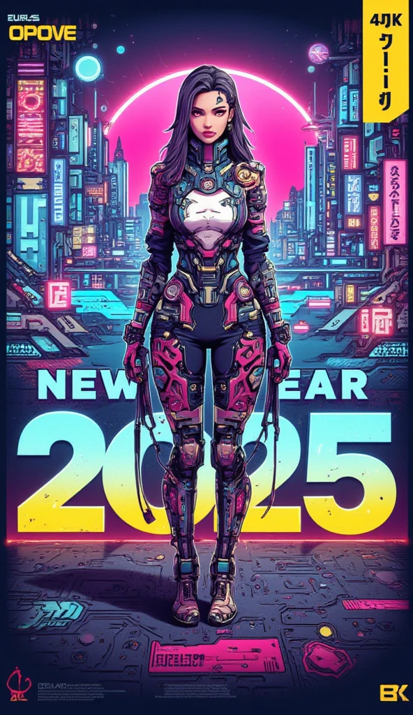 （masterpiece、 High Quality 、 HD、 Details）、new year resolution poster 、poster text（（Let's enjoy creat art 2025 !!)) Character、 cyberpunk cool woman doing fist pose poster